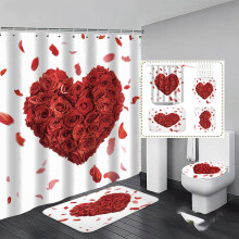 Valentine's Day Shower Curtain Set with Romantic Roses Theme – Waterproof Curtain & Floor Mat, Compatible with Standard Showers