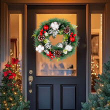 Christmas Wreath with Golden Balls, Pine Cones & Flowers – Indoor/Outdoor Holiday Door/Wall Decor