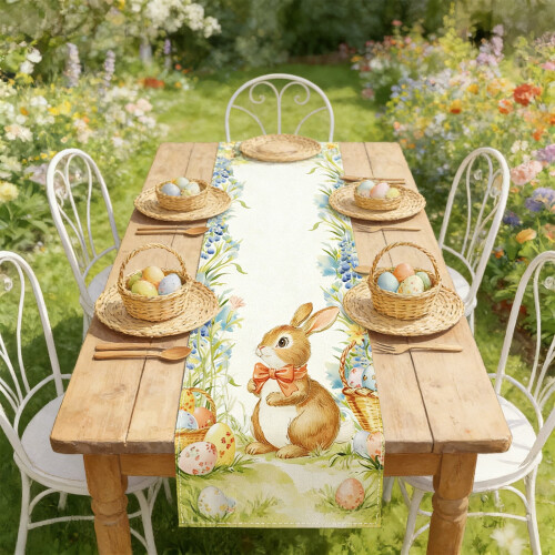 Easter Table Runner – Bunny & Egg Design, Polyester, 72x13", Indoor/Outdoor Spring Decor, Compatible with Easter Tables 1