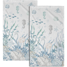 Nautical Coastal Hand Towels Set of 2 Coral Seahorse Design