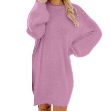 Women's Fleece Dress Round Neck Loose Fit Solid Purple 2XL