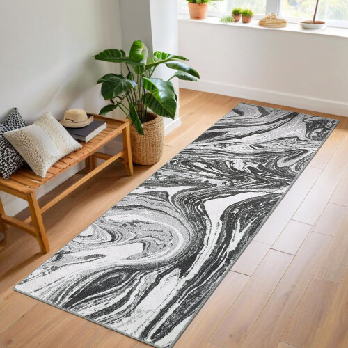 Modern abstract runner rug gray 2 ft x 6 ft low pile 1