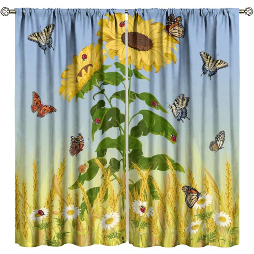 Sunflower Curtains with Butterflies Yellow Rustic Blackout