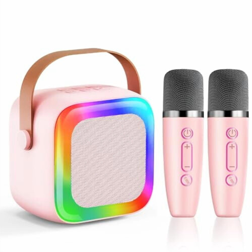 Mini Karaoke Machine with 2 Wireless Mics and LED Lights