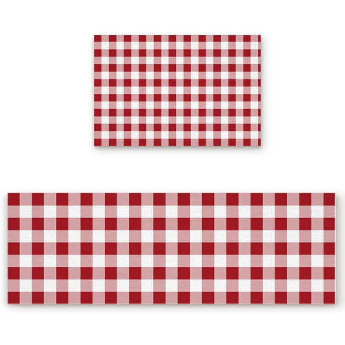 Kitchen Rug Set Red White Buffalo Plaid 2 pcs