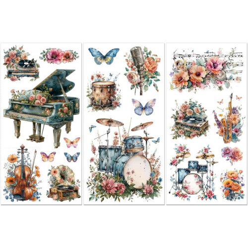 Rub-on Transfer Decals Musical Instruments Flowers