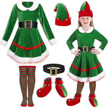 Girls Christmas Elf Outfit Set Velvet Dress with Hat and