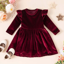 Girls Velvet A-line Dress with Ruffle Long Sleeves