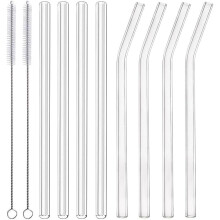 10-Pc Reusable Borosilicate Glass Straws (7"x8mm) + Brushes – 4 Straight, 4 Elbow, 2 Brushes – for Juices, Coffee, Cocktails