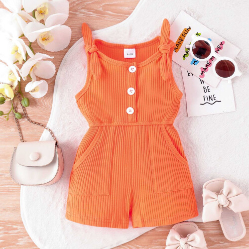 Girls' Summer Bow-Strap Romper Solid Color Elastic Waist 1