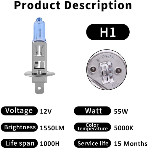 H1 halogenstrålkastarlampa 5000K vit 12V 55W 2-pack 2