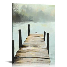 Nature Landscape Large Wall Art Canvas Picture,Horizontal Dock Forest Artwork Decor,Modern Hand Painted Textured Lake Scenery Artwork 16x20 in