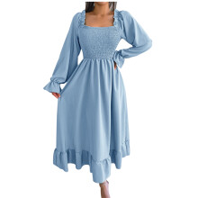 Women's Square Neck Lantern Long Sleeve Ruffle Dress Shirred Solid Flowy Party Dresses A Line Maxi Dress