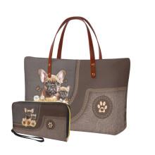 French Bulldog Daisy Flower Butterfly Print 2-Pc Purse & Wallet Set for Women, Sunflower Top-Handle Satchel + Slim PU Wallet – Compatible with Daily