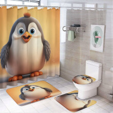 Cute Cartoon Penguin 4-Pc Shower Curtain Set w/ Non-Slip Rug, Toilet Lid Cover & Bath Mat – Waterproof, Bathroom Decor