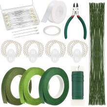 Floral Tape and Floral Wire Arrangement Tool Kit with Cutter, Ribbon, Pins & Pearl Wrist Corsage Bands for Bouquets