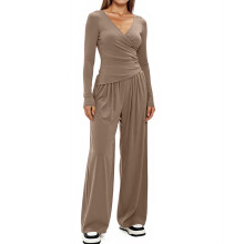 Women's Fall 2-Piece Set Wide Leg Pants Outfits Khaki XS