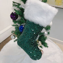 Plush Sequins Christmas Stockings with Faux Fur Cuffs, Sparkly Green Holiday Decor, Fireplace Hanging Ornaments & Gift Bags