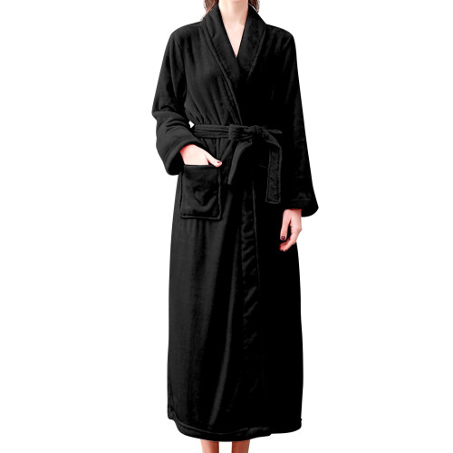 Women's Terry Cloth Bathrobe Black Double Pockets 1