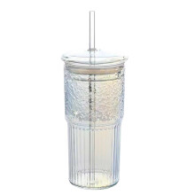 650ml Borosilicate Glass Cups with Lids & Straws, Vintage Ripple Design – Reusable Iced Coffee/Smoothie/Tea Tumblers (1pc)