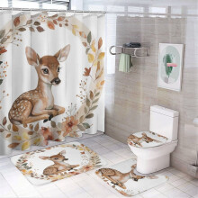 4-Pc Watercolor Deer Shower Curtain Set w/ Non-Slip Rug, Toilet Lid Cover & Bath Mat – Compatible with Standard Hooks