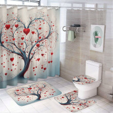4-Pc Bathroom Rug Set with Shower Curtain, Toilet Cover & U-Shaped Mat – Love Tree Design, Waterproof, Compatible with Valentine’s Day Decor