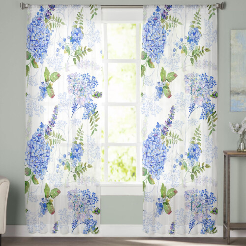 Sheer Curtains Hydrangea Watercolor 52x96 in 2 Panels
