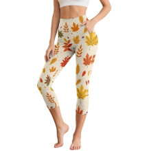 Thanksgiving Capri Leggings for Women High Waisted Yoga Pants Maple Leaves Printed Fall Workout Leggings with Pockets, M