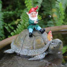 Funny Fishing Gnome Statue Sitting on Tortoise – Garden Pondside Decor, Outdoor Fisher Ornament, Fishing Lover Gift