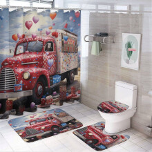 4-Pc Shower Curtain Set with Rug, Toilet Lid Cover & Bath Mat – Red Truck & Hearts, Waterproof, Valentine’s Day Bathroom Decor
