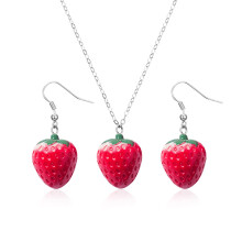 Dainty Gold-Plated Fruit Earring & Necklace Set – Cherry/Strawberry Drop Earrings + Pendant, Compatible with Christmas & Aesthetic Styles