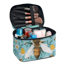 Large Capacity Cosmetic Travel Bag Polyester Double Zip Cosmetic Organizer Bags with Brush Holder Lightweight Double Zipper Honey Daisy