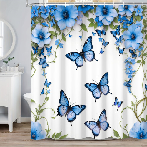 Blå fjärilsduschdraperi Vårblommor 112x163 cm