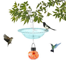Outdoor hanging bird bath with rain cover blue