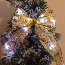 Copper Wire LED Christmas Ribbon Lights, Battery Powered 32ft Tree Garland Lights with Bows, Warm Glow for Holiday Parties, Weddings, and Home Decor