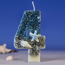 Birthday Number Candles, Blue and Gray Beach and Starfish Conchs Candles with Sequins Ocean Theme Party Cake Topper Decoration Supplies (Number 1)