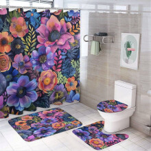 4-Piece Shower Curtain Set with Rug, Toilet Cover & U-Shaped Mat – Vintage Floral, Waterproof & Durable, Compatible with Standard Showers