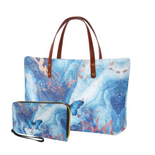 Marble Butterfly Print 2-Pc Tote & Wallet Set for Women – Top Handle Satchel, Shoulder Bag, Credit Card Holder – Compatible with Work/Shopping