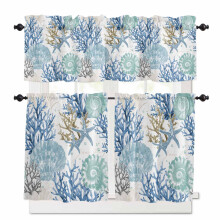 Coastal Kitchen Curtains & Valances Set: Starfish, Shell, Coral Watercolor Blue Ocean, Rod Pocket, 27.5x36in, 3-Piece, Compatible with Standard Rods