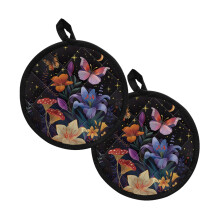 2-Pack Heat-Resistant Pot Holders, 8" Round Cotton-Like Non-Slip Liners – Lily, Butterfly, Moon & Starry Night Design