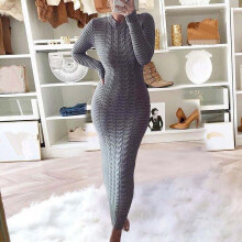 symoid Long Dresses for Women- Fashion O-neck Solid Hemp Flowers Knitting Long Sleeves Dress Gray XXL