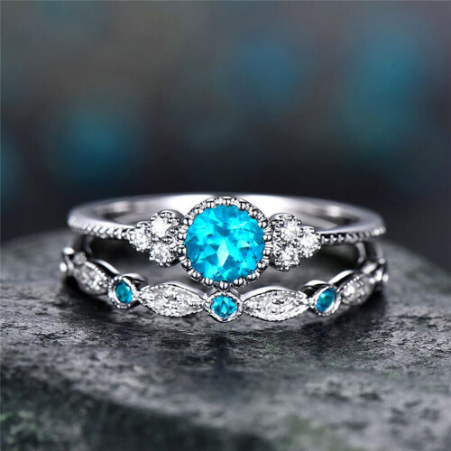 925 Sterling Silver Emerald Ring Set Vintage Style 2 Pieces 2