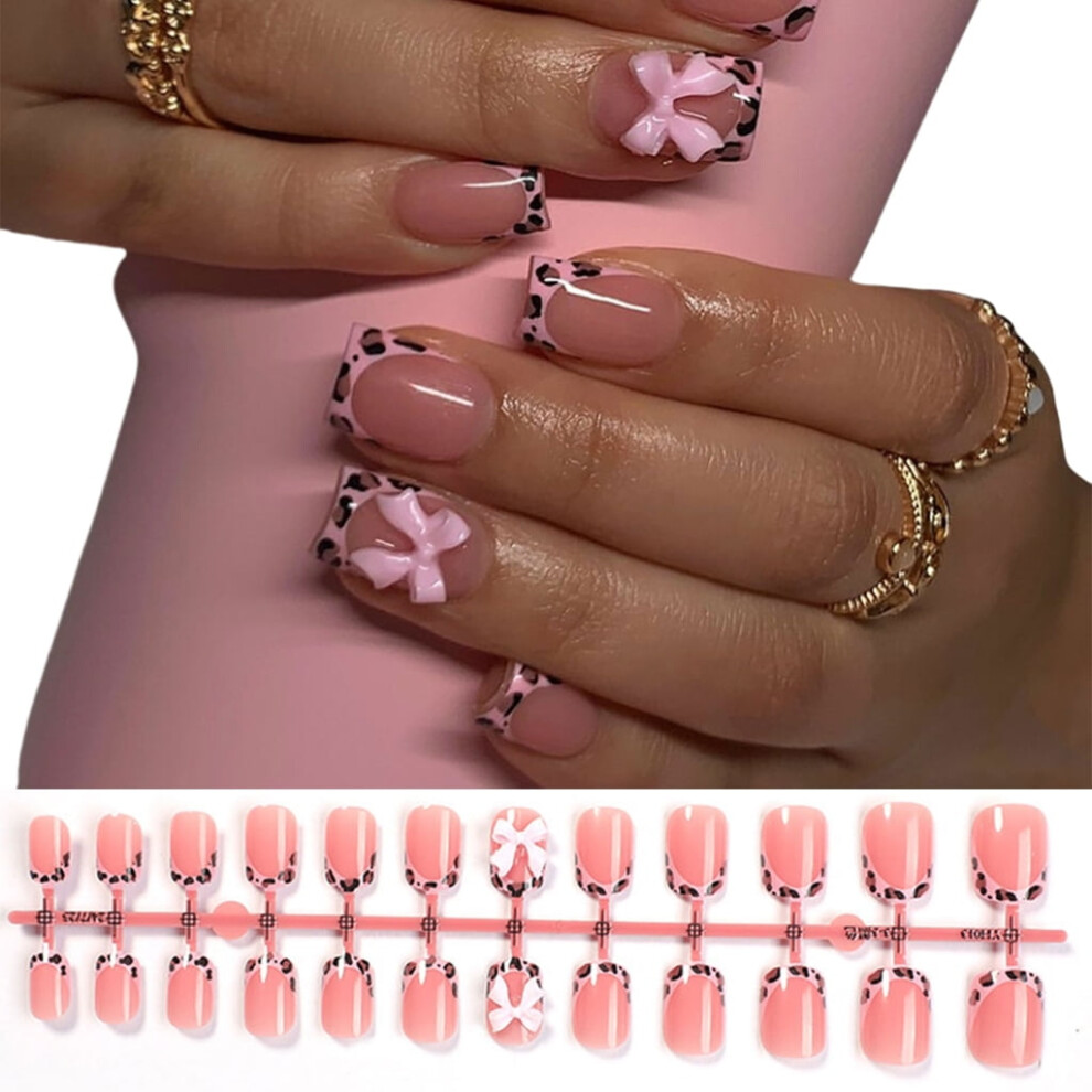 Artificial Nails Short Square Leopard French Tip 24pcs