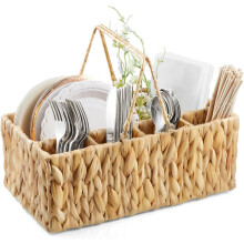 Silverware Holder for Party, Wicker Utensil Caddy, Woven Picnic Caddy for Plates, Water Hyacinth Cutlery Basket, Hosting Essentials Organizer