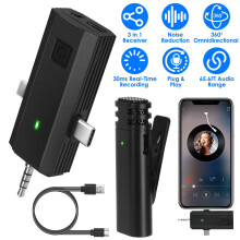 Wireless Clip-on Mic with Charging Case for Type-C, iOS, PC – 6H Battery, 65.6FT Range, Compatible with Video Recording & Vlogging
