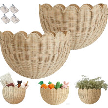 Hand Woven Rattan Wall Baskets (14"x6"x8", 2Pcs), Scalloped Wicker with Metal Frame & Hook, Minimalist Decor for Home, Entryway, Kitchen, Living Room