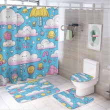 4-Pc Shower Curtain Set w/ Non-Slip Rug, Toilet Lid Cover & Bath Mat – Cute Umbrella & Cloud Design, 72"x72", 12 Hooks
