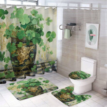 Shamrock Print 4-Pc Shower Curtain Set with Non-Slip Rug, Toilet Lid Cover & Bath Mat – Irish Green/White Plaid, Waterproof