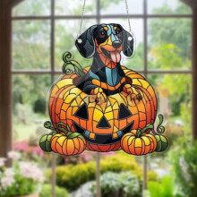 Dekoracja okienna z akrylową dynią w kształcie psa na Halloween w stylu vintage, jesień