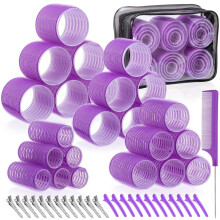 4 Sizes Self-Grip Hair Curlers (25/36/48/60mm), 50-Pc Jumbo Set with Clips, for Long/Short Hair, Purple